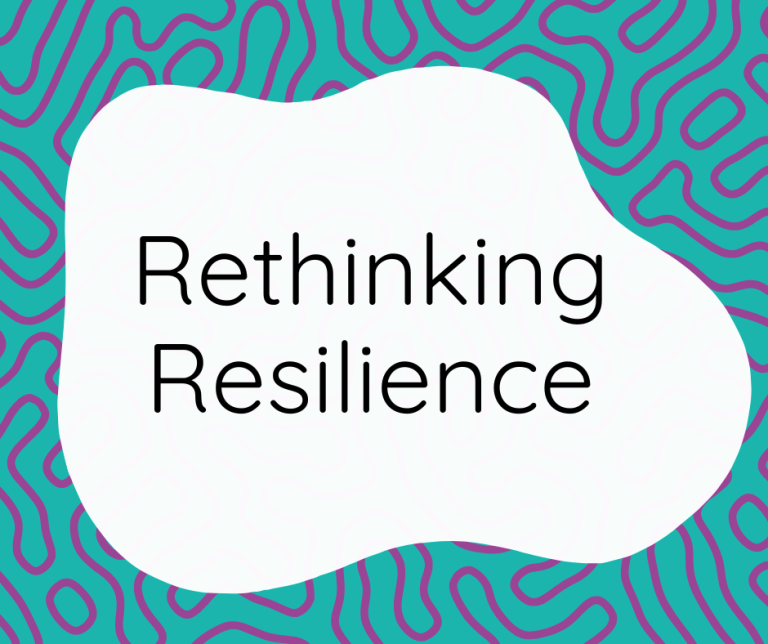 Fat Frog Yoga & Mindfulness branded graphic with a blue and purple swirling background. A wobbly, white box dominates the graphic with text that reads: Rethinking Resilience