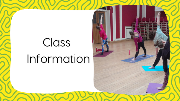 Fat Frog Yoga & Mindfulness branded graphic with a yellow and green swirling background. There is a large, white rectangular text box with text to the left that reads: Class Information. To the right is a rectangular image of a number of people doing the triangle yoga pose in a large room with red walls