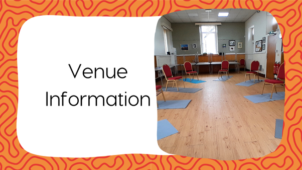 Fat Frog Yoga & Mindfulness branded graphic with an orange and red swirling background. There is a large, white rectangular text box dominating the image with text to the left that reads: Venue Information. To the right is a rectangular image of a number of mats in a circle, each with a red chair on top. It is in a venue with wooden flooring and tables behind the chairs.