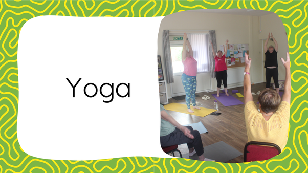 Fat Frog Yoga & Mindfulness branded graphic with a green and yellow swirling background. There is text in a white box to the left that reads "Yoga". To the right is a photograph of a number of people doing the Upward Salute yoga pose, some standing and some seated